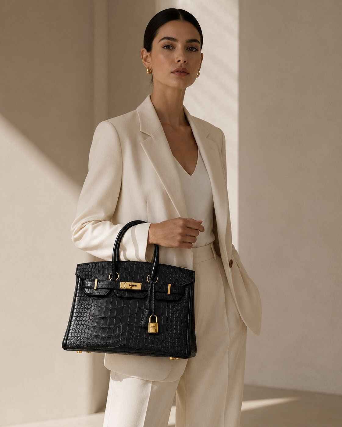 Model holding the handbag in studio