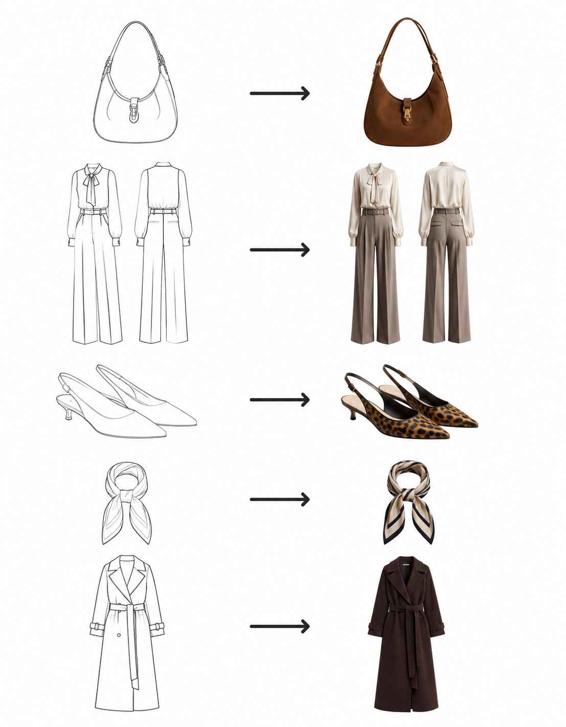 Sketch to product across a full range — bag, suit, shoes, scarf, coat