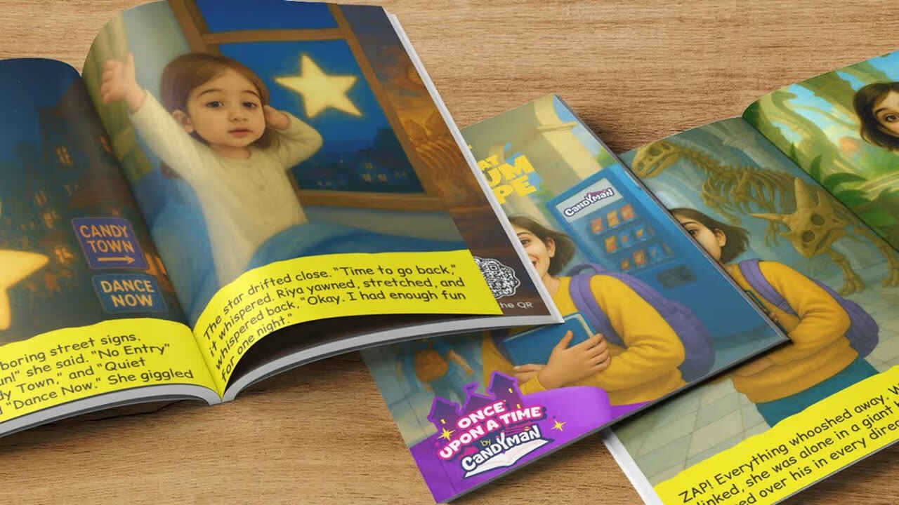 Candyman storybook spread showing a magical night-time scene starring the child